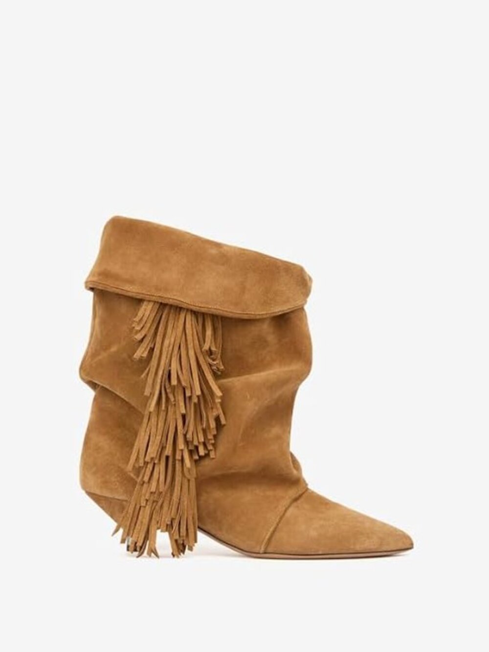 Women's Tassel Brown Suede Pointed Toe Slouchy Fold Over Casual Ankle Boots